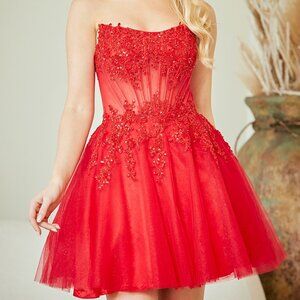 New Strapless Mini Baby Doll Homecoming Gown w/ Lace Embellished Bodice AC 9083S